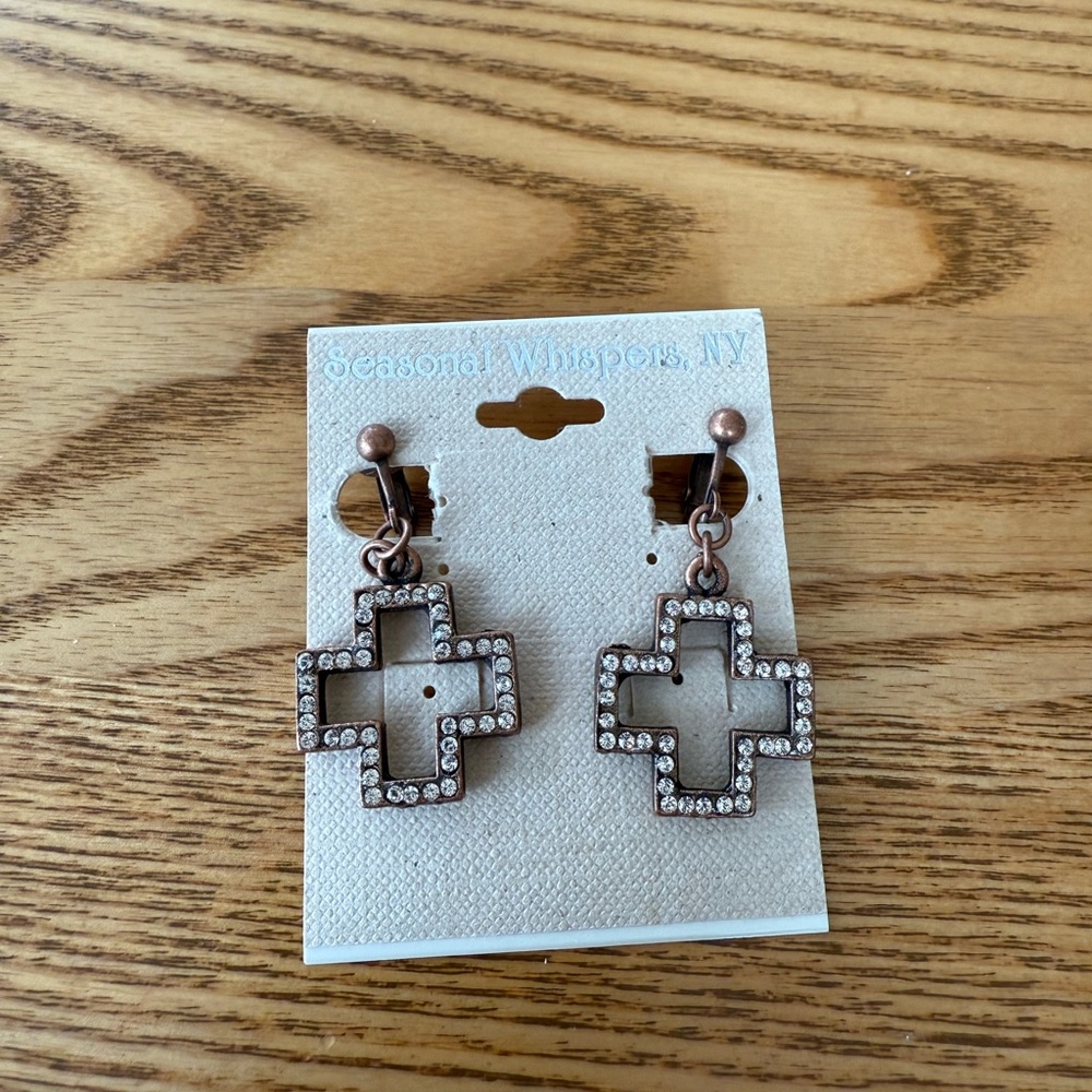 Seasonal Whispers Copper Cross Clip Earrings